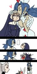 Rule 34 | ..., 3girls, anger vein, bad id, bad pixiv id, bloody marie (skullgirls), blue hair, blush, breasts, brown eyes, brown hair, choker, cleavage, clipboard, comic, cross, cross necklace, crown, double (skullgirls), dress, embarrassed, eyepatch, eyeshadow, full-face blush, gloves, habit, hair ornament, hair over one eye, hat, heart, height difference, huge breasts, inverted cross, jewelry, kairui, kiss, kissing forehead, large breasts, maid, makeup, mask, mouth mask, multiple girls, necklace, nun, nurse, nurse cap, ponytail, red cross, red eyes, short dress, short hair, silent comic, silver hair, skull, skull hair ornament, skullgirls, surgical mask, traditional nun, transparent background, twintails, valentine (skullgirls), white gloves, writing, x x, yuri
