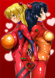 Rule 34 | 2girls, ass, ass-to-ass, back-to-back, bad id, bad pixiv id, black hair, blonde hair, blue eyes, blush, bodysuit, breast expansion, breasts, closed mouth, cosplay, covered erect nipples, cowboy shot, evangelion: 2.0 you can (not) advance, evangelion: 3.0 you can (not) redo, from side, gradient background, hair between eyes, hair ornament, hairpods, heart, heart background, heart hands, heart hands duo, huge breasts, impossible bodysuit, impossible clothes, interface headset, kamia (not found), large breasts, light smile, long hair, looking at viewer, looking back, matsuoka kiyone, multicolored clothes, multiple girls, neon genesis evangelion, orange eyes, original, outline, pilot suit, plugsuit, profile, rebuild of evangelion, red background, see-through, shiny clothes, sideboob, skin tight, smile, souryuu asuka langley, souryuu asuka langley (cosplay), standing, symmetry, test plugsuit, turtleneck, twintails, very long hair, yellow eyes, yukino sayuri, yuri