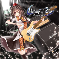 Rule 34 | 1girl, amplifier, brown hair, electric guitar, english text, female focus, fender (company), fender stratocaster, guitar, hat, highres, instrument, iseki mitsuharu, looking at viewer, marshall, pointy ears, red eyes, shameimaru aya, short hair, solo, thighhighs, tokin hat, touhou