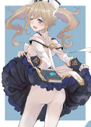 Rule 34 | 1girl, barbara (genshin impact), bare shoulders, blonde hair, blue eyes, blush, book, breasts, clothes lift, detached collar, detached sleeves, genshin impact, hat, highres, lifted by self, looking at viewer, nun, one eye closed, pantyhose, skirt, skirt lift, small breasts, solo, twintails, white headwear, white pantyhose, wink, yomei3week