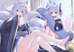 Rule 34 | 2girls, absurdres, animal ear fluff, animal ears, azur lane, bare shoulders, blue collar, blue eyes, blue kimono, blue ribbon, breasts, cleavage, collar, collarbone, fox ears, fox girl, fox tail, grey tail, hair ribbon, highres, holding, holding pillow, huge breasts, japanese clothes, kimono, kitsune, kyuubi, large breasts, large tail, looking at viewer, mother and daughter, multiple girls, multiple tails, pillow, purple eyes, ribbon, shinano-chan (azur lane), shinano (azur lane), skirt, skirt under kimono, sleeves past fingers, sleeves past wrists, tail, thighhighs, white leg warmers, white skirt, white thighhighs, wide sleeves, xian yu qiezi bao333, zettai ryouiki