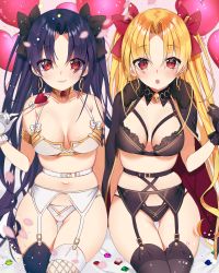 Rule 34 | 2girls, absurdres, alternate costume, bad id, bad pixiv id, black bra, black gloves, black legwear, black panties, blonde hair, blush, bra, breasts, cape, collarbone, commentary request, earrings, ereshkigal (fate), fate/grand order, fate (series), fur collar, fur trim, gloves, highres, ishtar (fate), jewelry, lingerie, long hair, looking at viewer, medium breasts, multiple girls, myao (o3o333), navel, open mouth, panties, parted bangs, purple hair, red eyes, ribbon, skull, smile, thighhighs, two side up, underwear, white bra, white gloves, white legwear, white panties