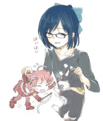 Rule 34 | 2girls, a-chan (hololive), ahoge, animal ears, armband, blue hair, cherry blossoms, closed eyes, collarbone, dog, ds (ndsl), fighting, flat chest, flower, glasses, gohei, hair ornament, hairclip, hololive, kuroi shiba, long sleeves, motion lines, multiple girls, nijisanji, nontraditional miko, pink hair, pink skirt, sakura miko, sakura miko (old design), shide, skirt, sweat, virtual youtuber, white background, wrist cuffs