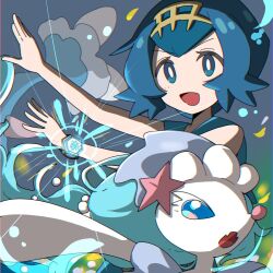 Rule 34 | 1girl, arms up, bad tag, bare arms, blue eyes, blue hair, creatures (company), game freak, gen 7 pokemon, hair ornament, highres, lana (pokemon), nintendo, no sclera, open mouth, pearl hair ornament, pokemon, pokemon (anime), pokemon (creature), pokemon sm (anime), primarina, seiun (hoshigumo 72), simple background, starfish hair ornament, z-move, z-ring