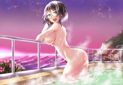 Rule 34 | 10s, 1girl, blue eyes, breasts, brown hair, female pubic hair, glasses, highres, kantai collection, kirishima (kancolle), large breasts, ma2da, nipples, nude, ocean, onsen, pubic hair, railing, short hair, sky, smile, solo, water, wet