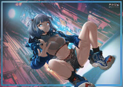 Rule 34 | 1girl, absurdres, air conditioner, alley, alternate costume, armpits, artist logo, black panties, black shorts, black socks, blue eyes, blue fire, blue hair, blue jacket, blunt bangs, breasts, building, closed mouth, commentary, covered collarbone, crop top, cropped jacket, drainpipe, dutch angle, english commentary, fire, gawr gura, grey hair, grey shirt, hair ornament, highleg, highleg panties, highres, hololive, hololive english, hood, hood down, hooded jacket, jacket, long sleeves, looking at viewer, midorimae, midriff, multicolored hair, navel, open clothes, open fly, open jacket, panties, shadow, shirt, shoes, short shorts, shorts, sidelocks, single bare shoulder, sleeveless, sleeveless shirt, small breasts, smile, sneakers, socks, solo, squatting, streaked hair, two side up, underwear, v, virtual youtuber