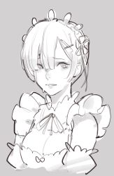 Rule 34 | 10s, 1girl, bare shoulders, blunt bangs, breasts, cleavage, commentary, crying, crying with eyes open, detached sleeves, grey background, greyscale, hair ornament, hairclip, lips, looking at viewer, maid, medium breasts, monochrome, neck ribbon, parted lips, re:zero kara hajimeru isekai seikatsu, rem (re:zero), ribbon, short hair, simple background, sketch, solo, tears, timbougami, upper body, x hair ornament