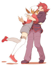 Rule 34 | 1boy, 1girl, blush, brown hair, closed mouth, commentary request, creatures (company), game freak, hat, hug, jacket, long sleeves, lyra (pokemon), nintendo, overalls, pants, pokemon, pokemon hgss, red eyes, red footwear, red hair, sanada haiji, shoes, silver (pokemon), standing, thighhighs, white headwear, white thighhighs