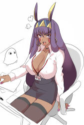 Rule 34 | absurdres, angry, animal ears, breasts, choker, cleavage, covered erect nipples, dark-skinned female, dark skin, dora v nu, earrings, facial mark, fate/grand order, fate (series), hairband, highres, hoop earrings, jackal ears, jewelry, large breasts, long hair, nitocris (fate), office lady, open clothes, open mouth, partially colored, sitting, solo