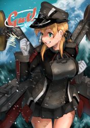 Rule 34 | 1girl, anchor, anchor hair ornament, blonde hair, blush, breasts, clenched hands, cross, day, german text, gloves, green eyes, grin, hair ornament, hair ribbon, hat, highres, iron cross, kantai collection, long hair, long sleeves, military, military hat, military uniform, mrdotd, outdoors, peaked cap, pleated skirt, prinz eugen (kancolle), ribbon, rigging, skirt, smile, solo, translated, twintails, uniform, water, white gloves
