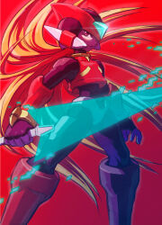 Rule 34 | 1boy, android, blonde hair, commentary request, helmet, highres, holding, holding sword, holding weapon, hoshi mikan, long hair, looking at viewer, male focus, mega man (series), mega man zero (series), red background, simple background, solo, sword, weapon, z saber, zero(z) (mega man), zero (mega man)