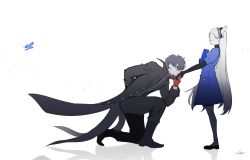 Rule 34 | 1boy, 1girl, absurdres, amamiya ren, black coat, black legwear, black pants, blue butterfly, blue dress, btmr game, bug, butterfly, closed eyes, coat, dress, from side, gloves, hairband, highres, insect, kiss, kissing hand, lavenza (persona 5), long hair, mask, on one knee, pants, persona, persona 5, profile, red gloves, shadow, signature, silver hair, simple background, standing, very long hair, white background