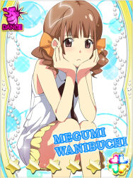 1girl akb0048 blue_background blunt_bangs bow brown_eyes brown_hair brown_ribbon card_(medium) character_name closed_mouth feet_out_of_frame hair_bow hands_on_own_cheeks hands_on_own_face heart invisible_chair neck_ribbon non-web_source official_art orange_bow ribbon shirt sitting skirt sleeveless sleeveless_shirt solo sparkle star_(symbol) three_quarter_view wanibuchi_megumi white_shirt yellow_skirt