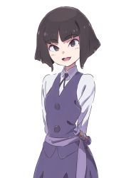 Rule 34 | 1girl, :d, arms behind back, black hair, blue skirt, blue vest, collared shirt, cowboy shot, highres, little witch academia, long sleeves, looking at viewer, luna nova school uniform, open mouth, purple eyes, school uniform, shao-yi, shirt, short hair, simple background, skirt, smile, solo, standing, tama (tama-s), vest, wand, white background, white shirt, wing collar
