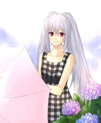 Rule 34 | 10s, 1girl, bad id, bad pixiv id, collarbone, dress, flower, holding, holding umbrella, hydrangea, isla (plastic memories), long hair, looking at viewer, neko-man, plastic memories, purple eyes, silver hair, smile, solo, sundress, twintails, umbrella