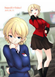 Rule 34 | 1girl, black footwear, black neckwear, black skirt, blonde hair, blue eyes, blue sweater, blurry, blurry background, boots, braid, churchill (tank), closed mouth, commentary, darjeeling (girls und panzer), depth of field, dress shirt, emblem, english text, epaulettes, frown, girls und panzer, hand in own hair, hand on own hip, hand to own mouth, happy birthday, head tilt, highres, jacket, long sleeves, looking at viewer, military, military uniform, military vehicle, miniskirt, motor vehicle, multiple views, necktie, open mouth, pleated skirt, red jacket, sasaki akira (ugc), school uniform, shirt, short hair, skirt, smile, st. gloriana&#039;s (emblem), st. gloriana&#039;s military uniform, st. gloriana&#039;s school uniform, standing, sweater, tank, torso grab, twin braids, uniform, v-neck, white background, white shirt, wing collar