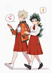 Rule 34 | !, 2girls, artist name, bakugou katsuki, bandaid, bandaid on leg, black footwear, blonde hair, boku no hero academia, bow, breasts, cellphone, closed mouth, collared shirt, commentary, earbuds, earphones, freckles, genderswap, genderswap (mtf), green eyes, green hair, hair bow, hair ornament, hairclip, hand in pocket, hand on another&#039;s arm, heart, highres, holding, holding another&#039;s arm, holding phone, jacket, long hair, long skirt, long sleeves, looking at another, looking at viewer, mantos no.7, midoriya izuku, multiple girls, neck ribbon, open clothes, open jacket, orange jacket, phone, ponytail, red skirt, ribbon, shirt, shoes, short hair, simple background, skirt, smartphone, sneakers, socks, spiked hair, spoken exclamation mark, standing, symbol-only commentary, thought bubble, walking, white background, white footwear, white legwear, white shirt, yellow bow, yuri