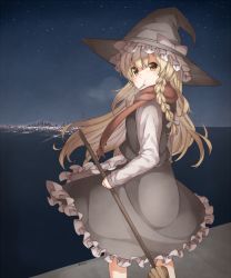 Rule 34 | 1girl, apron, black hat, black skirt, blonde hair, bow, braid, broom, city lights, cowboy shot, eiri (eirri), frilled hat, frilled skirt, frills, from behind, hair bow, hair ribbon, hat, hat bow, holding, holding broom, kirisame marisa, long hair, long sleeves, looking at viewer, looking back, mouth hold, night, night sky, red scarf, ribbon, scarf, side braid, single braid, skirt, sky, skyline, solo, standing, star (sky), starry sky, touhou, tress ribbon, waist apron, white apron, white bow, witch hat, yellow eyes