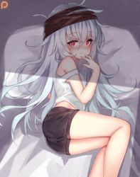 Rule 34 | 1girl, armpit peek, bed, bed sheet, blush, breasts, brown eyes, brown shorts, crossed bangs, ehart, eyes visible through hair, g11 (girls&#039; frontline), girls&#039; frontline, hair between eyes, hand on own chin, hat, heart, heart-shaped pupils, legs together, long hair, looking at viewer, lying, messy hair, multiple girls, off shoulder, on side, pillow, red scarf, scarf, scarf on head, shadow, shorts, sidelocks, silver hair, singlet, smile, solo, symbol-shaped pupils, very long hair, white singlet