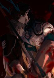 Rule 34 | 2boys, absurdres, aqua eyes, black background, black coat, black gloves, black hair, blood, blood on clothes, blood on face, bloody weapon, blue gloves, caelus (honkai: star rail), carrying, chinese clothes, claws, closed eyes, closed mouth, clothing cutout, coat, dan heng (honkai: star rail), dan heng (imbibitor lunae) (honkai: star rail), dragon boy, dragon horns, eyeshadow, fennec artsss, fingerless gloves, gloves, grey hair, grey pants, hair between eyes, hair over one eye, hand up, highres, holding, holding polearm, holding weapon, honkai: star rail, honkai (series), hood, hooded coat, horns, injury, long hair, looking at viewer, makeup, male focus, mandarin collar, multiple boys, official alternate costume, official alternate hairstyle, open clothes, open coat, pants, pointy ears, polearm, princess carry, protecting, red eyeshadow, shirt, short hair, signature, simple background, single glove, spear, standing, t-shirt, teeth, trailblazer (honkai: star rail), weapon, white shirt, yaoi