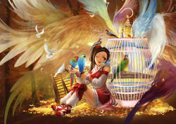 Rule 34 | 1girl, bare shoulders, bird, brown hair, cage, detached sleeves, dress, feathers, huazha01, open mouth, original, red eyes, sitting, smile, solo, wings, wink