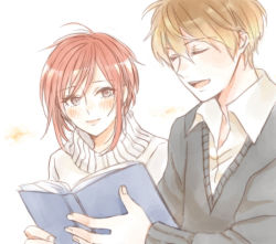 Rule 34 | 1boy, 1girl, blush, book, brown hair, closed eyes, grey eyes, height difference, no.6, open book, open mouth, reading, red hair, safu, shion (no.6), shiro (shounen to hero), short hair, smile, sweater, turtleneck, upper body