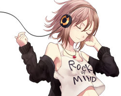 Rule 34 | 10s, 1girl, bare shoulders, brown hair, clothes writing, daiji pt, closed eyes, hand on headphones, headphones, idolmaster, idolmaster cinderella girls, jacket, jewelry, necklace, open clothes, open jacket, short hair, smile, solo, tada riina, tank top