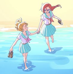 Rule 34 | 2girls, ^ ^, aozora middle school uniform, aqua sailor collar, aqua skirt, bare legs, barefoot, beach, belt, blouse, bow, closed eyes, commentary request, facing another, floating hair, from above, hair between eyes, hair bow, hair strand, highres, holding, holding clothes, holding footwear, holding hands, holding shoes, loafers, long hair, looking at another, multiple girls, natsuumi manatsu, neckerchief, open mouth, orange belt, pink neckerchief, pleated skirt, precure, purple eyes, red hair, red neckerchief, sailor collar, sand, school uniform, shirt, shoes, unworn shoes, shore, short sleeves, side ponytail, skirt, smile, soaking feet, summer uniform, takizawa asuka, tropical-rouge! precure, wading, walking, water, white shirt, yellow bow, yellow stripe, yuzu sato