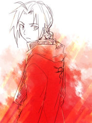 Rule 34 | 1boy, back turned, black theme, braid, braided ponytail, coat, edward elric, expressionless, frown, fullmetal alchemist, looking at viewer, looking back, lowres, male focus, monochrome, red coat, red theme, riru, single braid, solo, solo focus, white theme