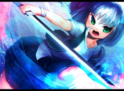 Rule 34 | 1girl, absurdres, bandages, bandaged wrist, bandages, blue hair, blue skirt, cowboy shot, dutch angle, frown, green vest, highres, holding, holding sword, holding weapon, huge filesize, katana, konpaku youmu, letterboxed, looking at viewer, niwarhythm, open clothes, open mouth, open vest, pleated skirt, shirt, skirt, solo, standing, sword, touhou, vest, weapon, white shirt