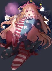 Rule 34 | 1girl, american flag dress, american flag legwear, bad id, bad twitter id, blonde hair, breasts, clownpiece, dress, fairy wings, fangs, fire, full body, hat, highres, jester cap, jpeg artifacts, long hair, looking at viewer, neck ruff, nukominto, open mouth, pantyhose, pink eyes, polka dot, short dress, short sleeves, simple background, small breasts, solo, star (symbol), star print, striped clothes, striped pantyhose, teeth, torch, touhou, wings