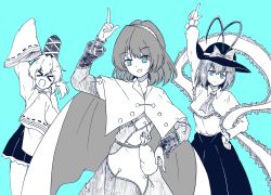 Rule 34 | 3girls, arm up, bag, blue background, blue eyes, bow, bright pupils, cape, capelet, commentary, cowboy shot, dress, frills, greyscale, greyscale with colored background, gurajio, hairband, hand on own hip, hat, hat bow, highres, index finger raised, japanese clothes, kariginu, long sleeves, looking at viewer, medium hair, monochrome, mononobe no futo, multicolored hairband, multiple girls, nagae iku, pointing, pointing down, pointing up, ponytail, ribbon-trimmed sleeves, ribbon trim, shawl, shirt, short hair, simple background, skirt, standing, symbol-only commentary, tate eboshi, tenkyuu chimata, touhou, white pupils, wide sleeves