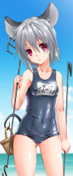 Rule 34 | 1girl, absurdres, animal ears, bare shoulders, basket, breasts, cloud, covered navel, day, dowsing rod, gradient background, henshako, highres, horizon, medium breasts, mouse ears, mouse tail, name tag, nazrin, ocean, one-piece swimsuit, red eyes, school swimsuit, short hair, silver hair, sky, solo, swimsuit, tail, touhou, wet