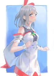 Rule 34 | + +, 1girl, bare shoulders, black shirt, blue background, blue pupils, blush, border, breasts, brooch, clenched hands, collared shirt, cowboy shot, crystal, detached sleeves, dress, female focus, from side, grey hair, hair ornament, hands up, highres, jewelry, level9kaito, looking back, medium hair, one side up, open mouth, outside border, purple eyes, ribbed shirt, shirt, short sleeves, sidelocks, simple background, sleeveless, sleeveless shirt, small breasts, solo, standing, stella (world flipper), strapless, strapless dress, white border, white dress, world flipper, wrist cuffs