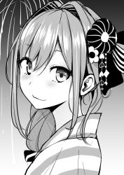 Rule 34 | 1girl, :3, aerial fireworks, blush, diisuke, fireworks, from side, greyscale, hair intakes, hair ornament, hair over shoulder, japanese clothes, kimono, looking at viewer, looking to the side, monochrome, nijisanji, official alternate costume, smile, solo, striped clothes, striped kimono, suzuhara lulu, virtual youtuber
