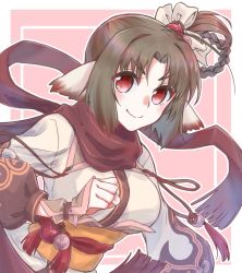 Rule 34 | 1girl, ainu clothes, animal ears, aquaplus, arms up, blush, braid, braided ponytail, breasts, closed mouth, dress, fingerless gloves, from side, gloves, gradient eyes, hair ornament, highres, inui (utawarerumono), large breasts, long sleeves, looking at viewer, multicolored eyes, parted bangs, red scarf, sash, scarf, side ponytail, sidelocks, smile, solo, upper body, utawarerumono, utawarerumono: lost flag, yuri000