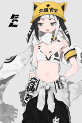 Rule 34 | 1girl, animal ear headwear, armband, bandaged arm, bandages, bikini, black hair, black jumpsuit, blunt bangs, commentary, cowboy shot, fake animal ears, flat chest, grey background, grey eyes, hand on own hip, hard hat, helmet, highres, jumpsuit, jumpsuit around waist, light blush, long hair, multicolored hair, navel, nukunuku nigirimeshi, open mouth, original, scarf, short eyebrows, sidelocks, sideways glance, smile, solo, sparkling eyes, stomach, straight-on, strap slip, streaked hair, swimsuit, tearing up, text print, tied jumpsuit, translation request, tsurime, twintails, two-tone jumpsuit, v-shaped eyebrows, white bikini, white hair, white jumpsuit, white scarf, yellow armband