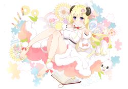 Rule 34 | 1girl, absurdres, ahoge, ankle ribbon, bare legs, bare shoulders, barefoot, blonde hair, blush, book, bow, breasts, detached sleeves, dress, flower, full body, fur-trimmed dress, fur-trimmed sleeves, fur collar, fur trim, fuumi (radial engine), hair ornament, hair ribbon, hairclip, hands up, highres, hololive, horns, jigsaw puzzle, knees together feet apart, large breasts, leg ribbon, lipstick, long hair, long sleeves, makeup, open book, pink ribbon, puzzle, red bow, ribbon, scan, sheep girl, sheep horns, sleeveless, sleeveless dress, solo, tsunomaki watame, tsunomaki watame (1st costume), very long hair, vial, virtual youtuber, white dress, yellow flower, yellow ribbon