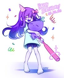 Rule 34 | 1girl, 2023, 20s, aubrey (omori), barefoot, baseball bat, blue shirt, blush, colored skin, confetti, dated, happy birthday, hat, highres, holding, k0re drawings, long hair, looking at viewer, may, mr. plantegg, omori, one eye closed, open mouth, oversized clothes, party hat, purple eyes, purple hair, shirt, short sleeves, smile, solo, sparkle, sparkling eyes, standing, stuffed toy, teeth, white background, white skin, wink