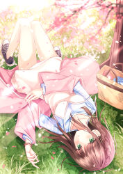 Rule 34 | 1girl, bad id, bad pixiv id, bag, beige dress, black footwear, blue shirt, bracelet, brown hair, cherry blossoms, cherry tree, commentary request, grass, green eyes, hair ribbon, highres, jewelry, knees together feet apart, light rays, long sleeves, looking at viewer, lying, on back, original, parted lips, pink shawl, ribbon, senri (senri sen), shawl, shirt, shoulder bag, sidelocks, solo, striped clothes, striped shirt, sunbeam, sunlight, tree