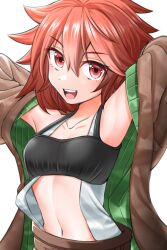 Rule 34 | 1girl, arms up, belt, bra, breasts, duel monster, highres, hiita, hiita (yu-gi-oh!), hiita the fire charmer, kakutasu (akihiron cactus), long hair, navel, open clothes, open mouth, open robe, open shirt, red eyes, red hair, robe, small breasts, solo, underwear, upper body, yu-gi-oh!