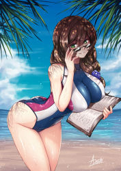 Rule 34 | 1girl, adjusting eyewear, adjusting glasses, adsouto, ass, beach, breasts, brown hair, cleavage, covered erect nipples, genshin impact, green eyes, highres, impossible clothes, impossible swimsuit, large breasts, lisa (genshin impact), long hair, looking at viewer, looking over eyewear, looking over glasses, signature, smile, sunglasses, swimsuit, tagme, tinted eyewear, wet