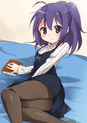 Rule 34 | 10s, 1girl, :o, ahoge, blush, book, child, gj-bu, highres, long sleeves, looking at viewer, lying, mousou (mousou temporary), on side, pantyhose, purple eyes, purple hair, ribbed sweater, shinomiya kasumi, sketch, solo, sweater, thighs, turtleneck