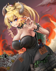 Rule 34 | 1boy, 1girl, absurdres, armlet, armpits, black collar, black dress, black nails, blonde hair, blue eyes, bowsette, bracelet, breasts, breath weapon, breathing fire, brown hair, claw pose, cleavage, collar, commentary request, crown, dress, dutch angle, earrings, evil grin, evil smile, facial hair, fingernails, fire, forked eyebrows, giant, giantess, grin, hair between eyes, hands up, hat, high ponytail, highres, horns, jewelry, large breasts, long hair, looking at another, mario, mario (series), mustache, nail polish, new super mario bros. u deluxe, nintendo, outdoors, overalls, pointy ears, sharp fingernails, sharp teeth, short hair, size difference, smile, solo focus, spiked armlet, spiked bracelet, spiked collar, spiked shell, spiked tail, spikes, standing, strapless, strapless dress, super crown, sweater, tail, teeth, tomoshibi (fuuzen no tomoshibi), turtle shell, v-shaped eyebrows