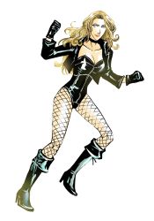 Rule 34 | 1girl, black canary, blonde hair, blue eyes, boots, dc comics, fishnets, full body, gloves, highres, jacket, leotard, petri, simple background, solo, white background