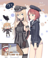 Rule 34 | 4girls, ?, ??, ark royal (kancolle), bad id, bad pixiv id, bikini, bismarck (kancolle), blonde hair, blue eyes, blush, breasts, brown gloves, closed mouth, cnm, cosplay, detached sleeves, dress, dress tug, expressionless, flying sweatdrops, gloves, grey legwear, hand to own mouth, hat, highres, kantai collection, long hair, look-alike, medium breasts, multiple girls, o o, panties, peaked cap, pink panties, pleated skirt, prinz eugen (kancolle), red hair, sailor dress, short dress, short hair, skirt, small breasts, swimsuit, thighhighs, underwear, white bikini, z3 max schultz (kancolle), z3 max schultz (kancolle) (cosplay)