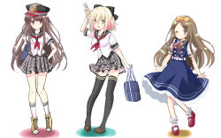 Rule 34 | 3girls, :d, absurdres, arm up, bag, black bow, black headwear, black legwear, black sailor collar, blonde hair, blue dress, blush, bobby socks, boots, bow, breasts, brown eyes, brown footwear, brown hair, chacha (fate), closed mouth, collarbone, collared shirt, crest, dress, family crest, fate/grand order, fate (series), flower, full body, grey skirt, grin, hair between eyes, hair bow, hand up, hat, highres, holding, holding bag, koha-ace, loafers, long hair, looking at viewer, motoi ayumu, multiple girls, neckerchief, oda nobunaga (fate), oda nobunaga (koha-ace), oda uri, okita souji (fate), okita souji (koha-ace), one eye closed, open mouth, orange bow, parted bangs, peaked cap, pinafore dress, plaid, plaid skirt, pleated skirt, puffy short sleeves, puffy sleeves, red eyes, red footwear, red neckerchief, sailor collar, school bag, school uniform, serafuku, shirt, shoes, short sleeves, skirt, sleeveless, sleeveless dress, small breasts, smile, socks, standing, standing on one leg, thighhighs, v, very long hair, white background, white legwear, white shirt, yellow flower