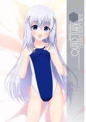 Rule 34 | 1girl, artist name, blue eyes, blue hair, blue one-piece swimsuit, character name, competition swimsuit, copyright name, cowboy shot, flat chest, gochuumon wa usagi desu ka?, hair ornament, hands on own chest, highres, inaba shiki, kafuu chino, light blue hair, long hair, looking at viewer, lying, one-piece swimsuit, smile, solo, standing, swimsuit, x hair ornament