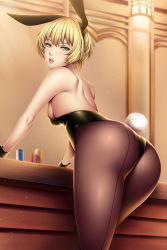 Rule 34 | 10s, 1girl, animal ears, ass, back, back-seamed legwear, backless leotard, bare back, bare shoulders, black gloves, black pantyhose, blonde hair, blush, bob cut, breasts, counter, eyelashes, fake animal ears, fran francois francesca de bourgogne, from behind, from below, gloves, god eater, god eater 2: rage burst, green eyes, hairband, highres, indoors, large breasts, leaning forward, leotard, light particles, lips, looking at viewer, looking back, makeup, mascara, nape, pantyhose, parted lips, playboy bunny, poker chip, rabbit ears, rabbit tail, seamed legwear, short hair, shoulder blades, sideboob, solo, strapless, strapless leotard, tail, thighs, watanuki kaname, wrist cuffs