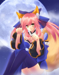 Rule 34 | 10s, 1girl, animal ears, ass, bare shoulders, blue thighhighs, bow, breasts, cleavage, collar, detached sleeves, fate/extra, fate (series), fox ears, fox tail, full moon, hair bow, hair ribbon, japanese clothes, kazabuki sei, moon, pink hair, ribbon, sidelocks, solo, tail, tamamo no mae (fate/extra), thighhighs, twintails, yellow eyes